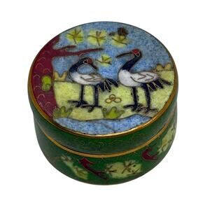 Vintage Chinese Brass Cloisonné Enamel Trinket Pill Box 2 Black Neck Cranes